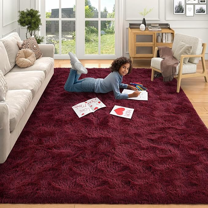 FinRèc Red Rugs for Living Room Bedroom, 3x5 Feet Fluffy Shag Area Rug, Non-Slip Plush Fuzzy Rugs for Nursery Kids Room Dorm Room Home Decor, Indoor Furry Floor Carpet