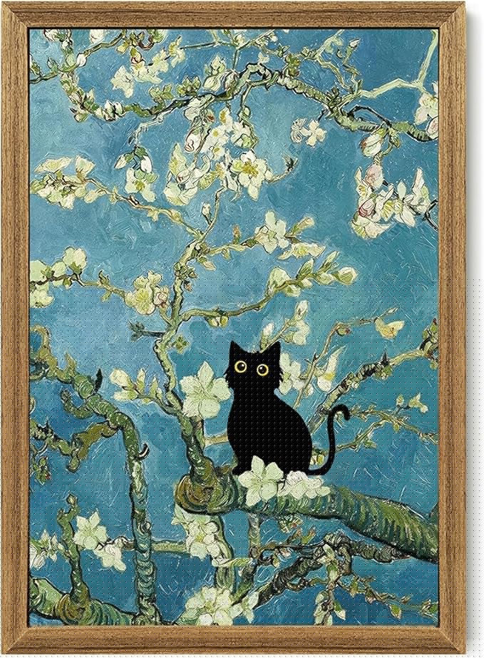 Fantasy Artists Van Gogh's Almond Blossom Funny Black Cat Canvas Wall Art, Oil Painting Posters Home Decor, Vintage Abstract Aesthetic Wall Decorations for Living Room Bedroom, 20'' x 30''