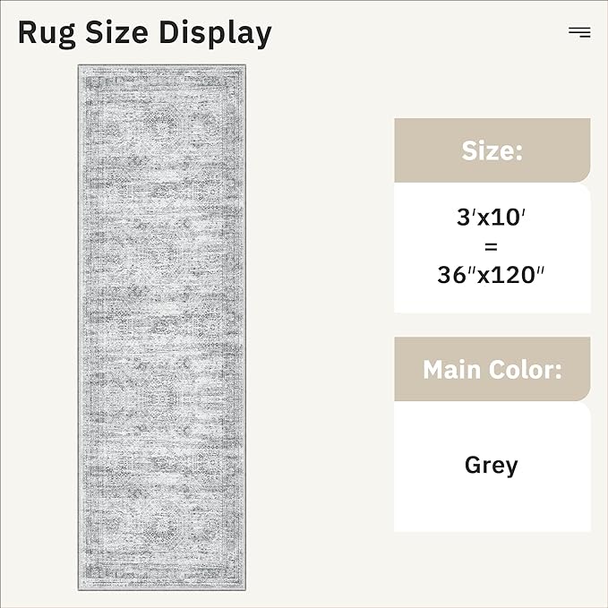 Soalmost Runner Rug 3x10 Washable Non-Slip Hallway Runner Rugs for Kitchen Bathroom Laundry Room Grey Vintage Floor Carpet Runners for Hallways Entryway