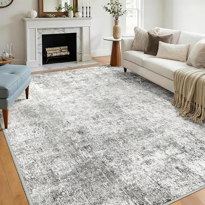 RELEANY Washable Area Rugs 7'x9' Non-Slip Modern Abstract Soft for Living Room Entryway Bedroom Nursery, Print Pattern, Gray White Grey