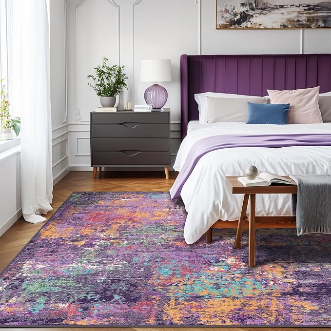 RELEANY Washable Area Rugs 5'x8' Non-Slip Modern Abstract Soft for Living Room Entryway Bedroom Nursery, Print Pattern, Purple Orange Blue Green Rust Red Colorful