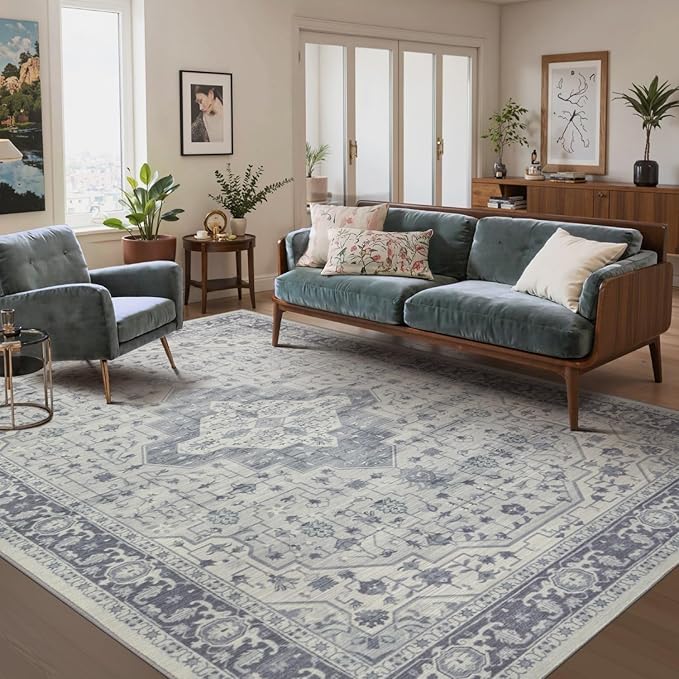 Rugxara 6x9 Washable Area Rug for Living Room, Vintage Large Boho Rugs for Office, Dining Room, Kids Room, Farmhouse, Durable Low Pile Non Slip Carpet for High Traffic Areas, Blue Quartz