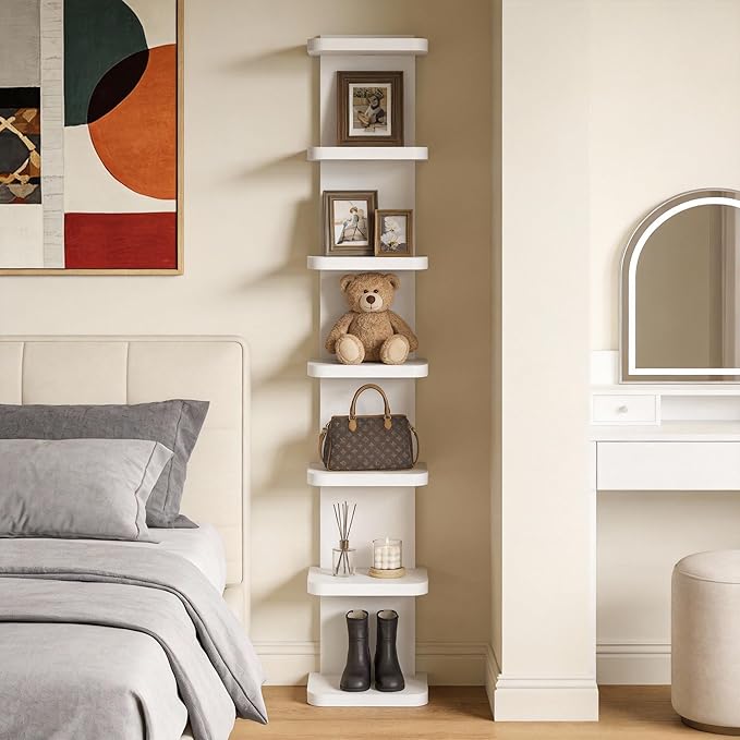 Versatile 7 Tier Wall Shelf Unit, Floating Shelves for Wall (Round Corner), Vertical Lack Wall Shelf for Bedroom, Vanity, Living Room, Home Decor Makeup Organizer Display, White