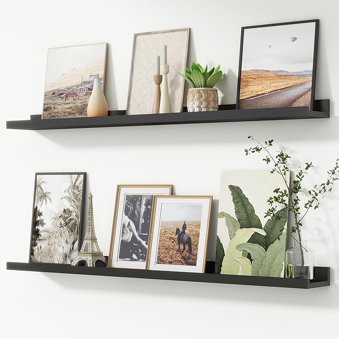 FLYJOE Picture Ledge Shelf, Floating Shelves Set of 2, 44 Inches Nursery Book Shelves for Toys Storage, Kids Bookshelf Wall Mounted for Living Room Bedroom Decor Books Photo Frames, Black