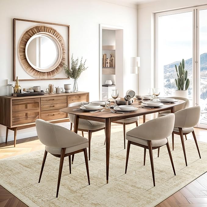 Soalmost 6x9 Area Rug for Living Room Floral Washable Non-Slip Modern Rugs for Bedroom Dinning Room Ultra-Thin Indoor Beige