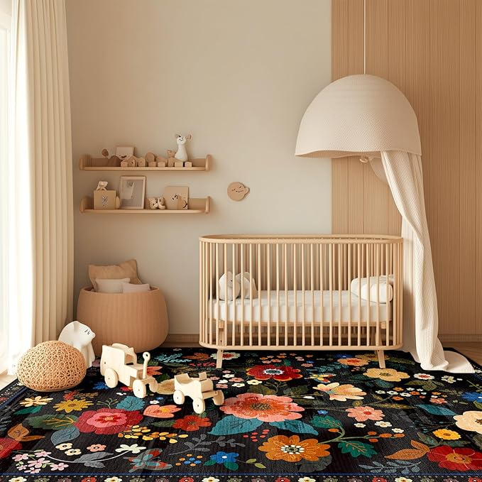 RELEANY Floral Nursery 9x12 Area Rugs Washable Print Boho Cute Carpet Non Slip Flower Low Pile for Living Room Kids Girls Playroom Bedroom Kitchen Office Farmhouse-Black