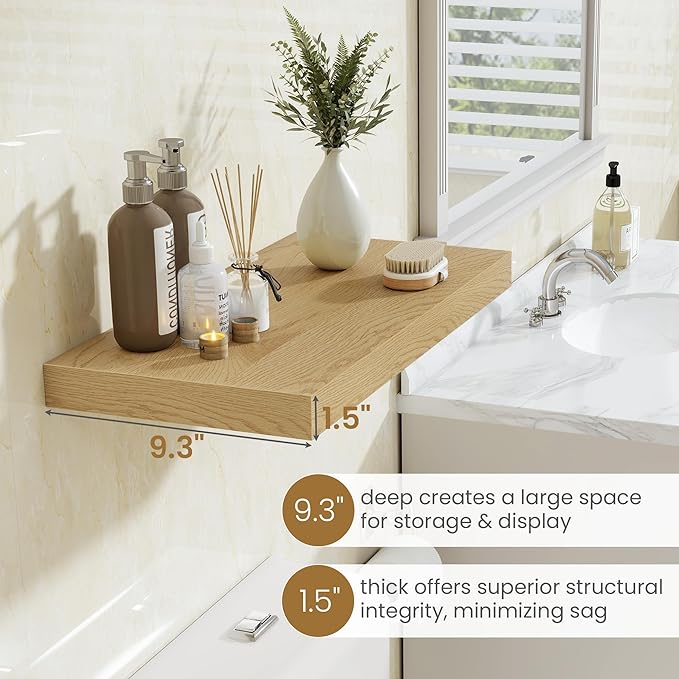 Fun Memories 55 Inch Long Floating Shelves for Wall, 55x9.3 Large Floating Shelf for Bedroom, Kitchen, Bathroom, Wall Mounted Rustic Wood Shelves with Invisible Bracket for Books, Decor, Oak
