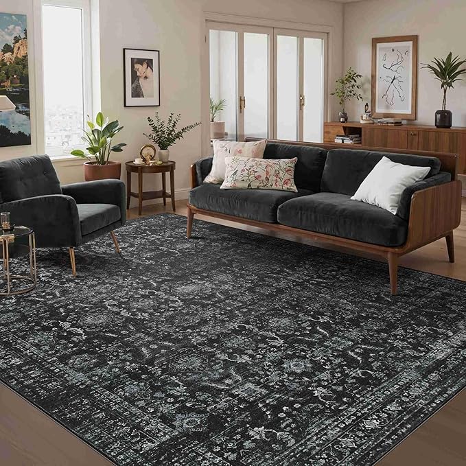 Rugxara 5x7 Area Rugs for Living Room Bedroom, Washable Rug, Black Vintage Floral Boho Rug, Non Slip & Low Pile Faux Wool Thin Carpet for Indoor Dining Room and Kids Room(Black 5x7ft)