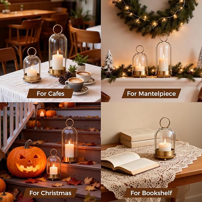 5"&4" Hurricane Glass Candle Holders, Hanging Brass Metal Candle Holder for Pillar Candles Table Coffee Table Decor Interior Decoration