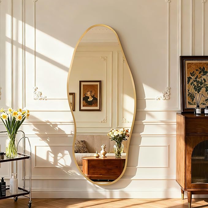 Dorlicecass Mirror Full Length - Irregular Full Body Wall Mirror Hanging 55"x 23" Asymmetrical Aviation Aluminum Alloy Frame Unique for Bedroom, Living Room, Cloakroom, Entryway