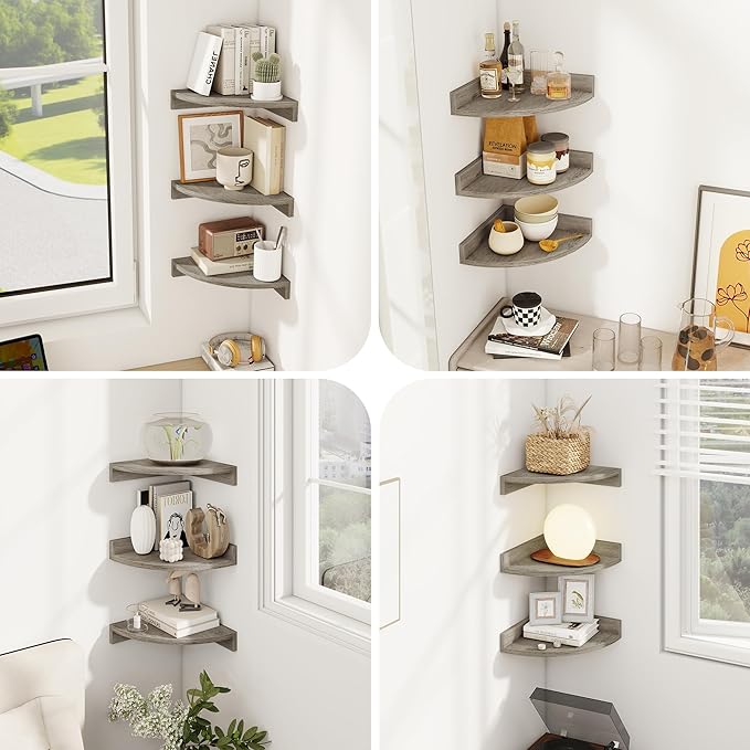 Corner Shelves 3-Pack for Bathroom & Kitchen, Space-Saving Floating Corner Wall Shelf with Easy Installation- Grey