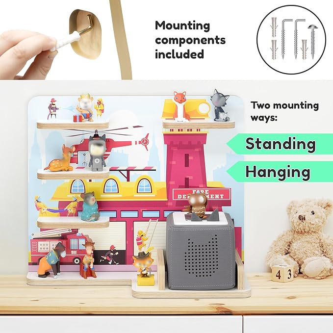 stadtecken Wooden Shelf for Music Box I Suitable for The Toniebox and ca. 35 Tonies I Perfect Storage in The Children's Room I for Setting up or Hanging (Medium, Fire Fighters)