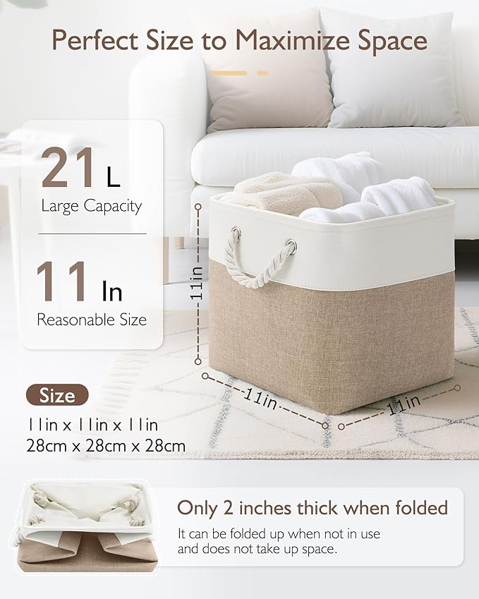 Patvingot 11 Inch Cube Storage Bins, 6 Pack Fabric Storage Cubes with Rope Handles, Organizer Baskets for Closet Shelves, Clothes and Home Organization(White/Khaki)