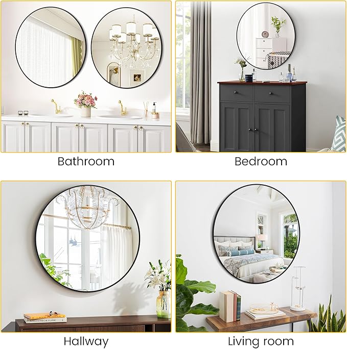 Circle Mirror, Bathroom Mirrors for Over Sink, Modern Round Mirrors for Wall Decor, Wall Mirror for Entryway, Bathroom, Living Room, Easy to Install, Matte Black (20 Inch)