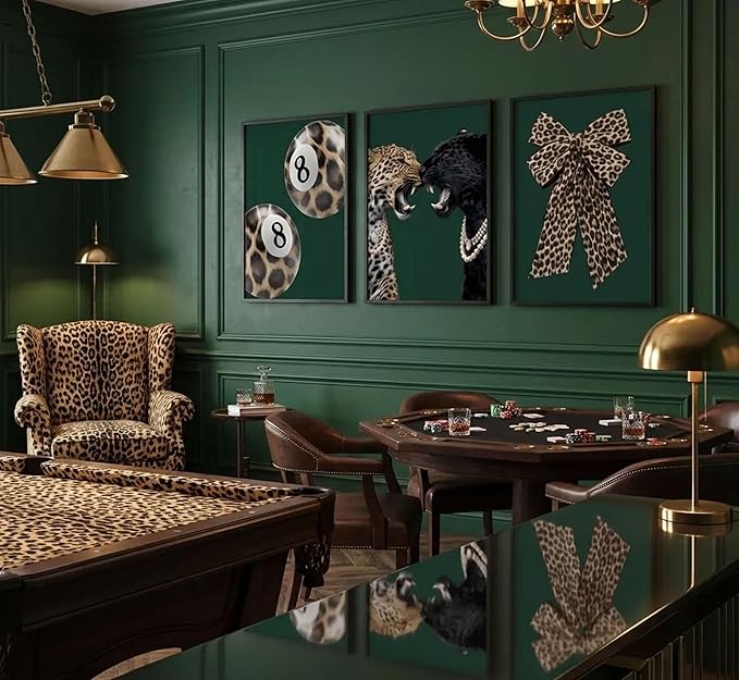 Framed 3pcs Trendy Leopard Canvas Wall Art Funky Lucky 8 Ball Pictures Wall Decor Cheetah Bows Preppy Aesthetic Posters Prints Paintings for Bedroom Dorm Living Bathroom Home Decoration