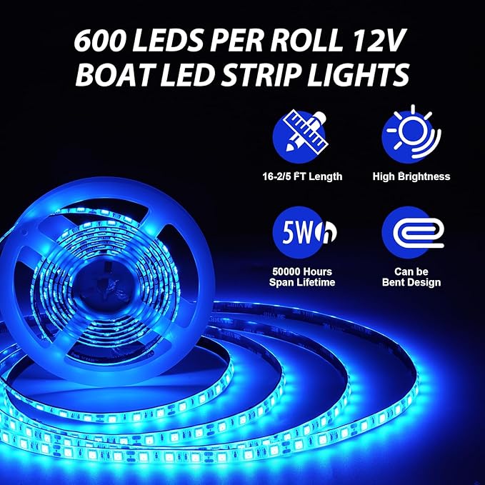 66ft Pontoon Boat Lights Marine LED Strip Lights 12V Waterproof, Interior Light Deck Light for Kayak, Jon Boat, Bass Boats, Fishing Boats (Blue)
