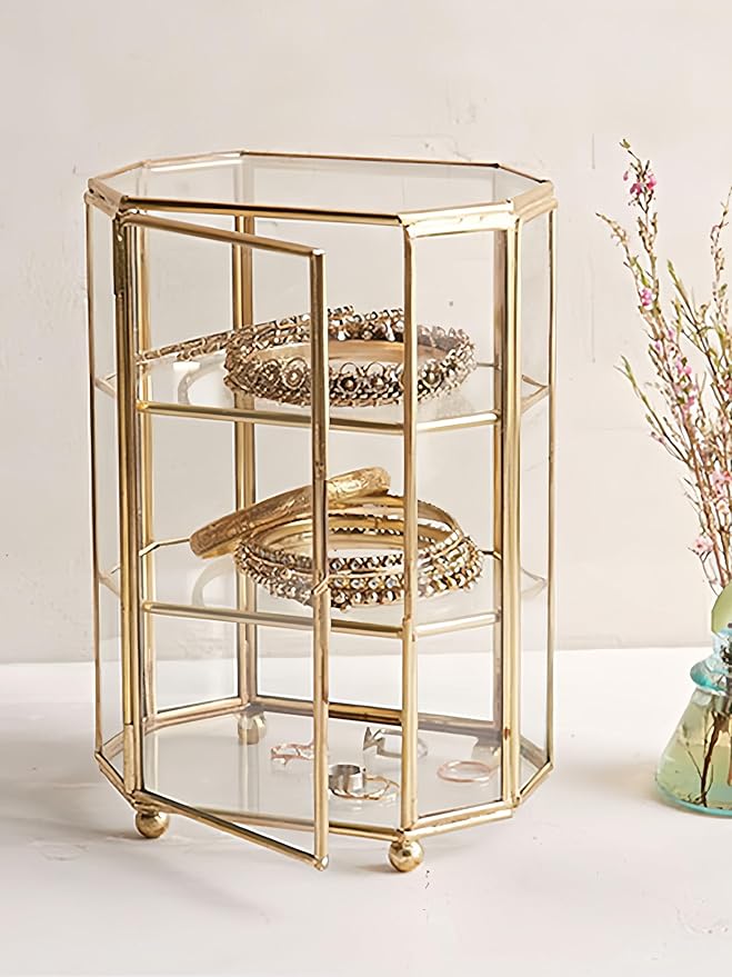 Clear Glass Storage Box, Glass Display Case, Three Layer Jewelry Case, Makeup Box, Keepsake Organizer, Multifunctional Display Cabinet for Vanity Decor Home Dresser, Gold ﻿