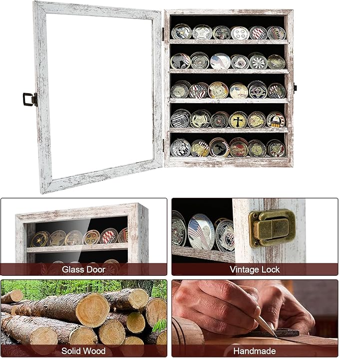 Military Challenge Coin Display Case Holder with HD Toughened Glass and Wall Mount, Wooden Coin Stand Rack with Removable 2 Grooves Shelves, Rustic White…