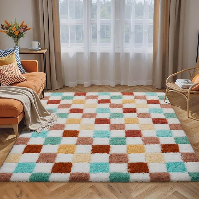 PureCozy Checkered Rug 5x8 for Living Room, Colorful Modern Shag Rug Super Soft Washable Indoor Fuzzy Carpet Non-Slip Fluffy Rugs for Bedroom Home Aesthetic Decor