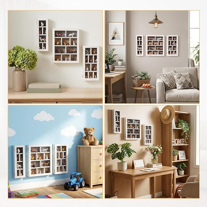 DoubleFill Set of 3 Wooden Trinket Display Shelf Shadow Box with Shelves 10 x 15 Inch Large Wall Mounted Display Storage Mini Figures Curio Trinket Medals Crafts Collections(Antique White,Box Shape)