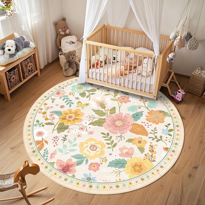 RELEANY Floral Nursery 6ft Area Rugs Washable Print Boho Cute Carpet Non Slip Flower Low Pile for Living Room Kids Girls Playroom Bedroom Kitchen Office Farmhouse-Beige/White/Orange