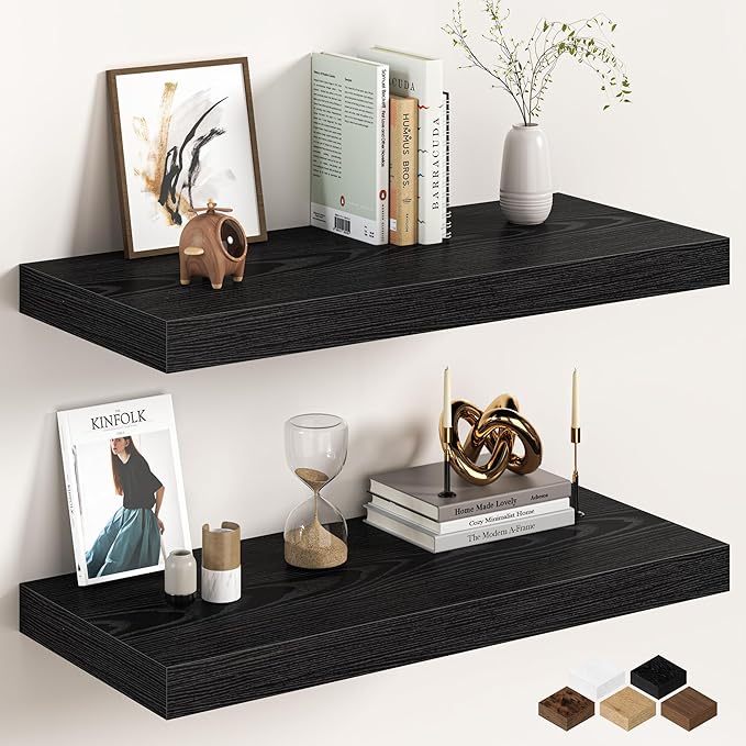 32Inch Black Floating Shelves for Wall, 12 Inch Deep Shelves for Bedroom, Kitchen, Bathroom Wall Mounted, Rustic Wood Floating Shelf with Invisible Brackets for Books, Storage, Decor, 2 Packs