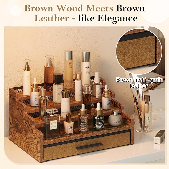 4 Tier Cologne Organizer for Men, Wooden Perfume Organizer with Drawer Storage, Perfume Display Shelf for Cologne, Watch, Grooming and Figures, Perfect Birthday/Easter Gift for Lovers & Fathers