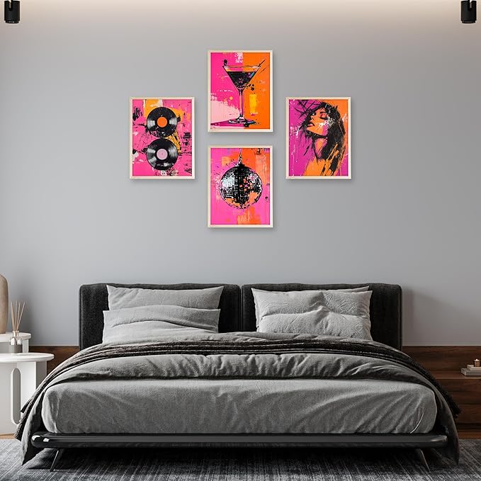 Eastern Print Disco Abstract Wall Art Set of 4, Retro Vinyl Record & Disco Ball Posters, Pink and Orange Wall Decor for Home and Kitchen, Record Wall Art, Abstract Poster, 8x10 Unframed