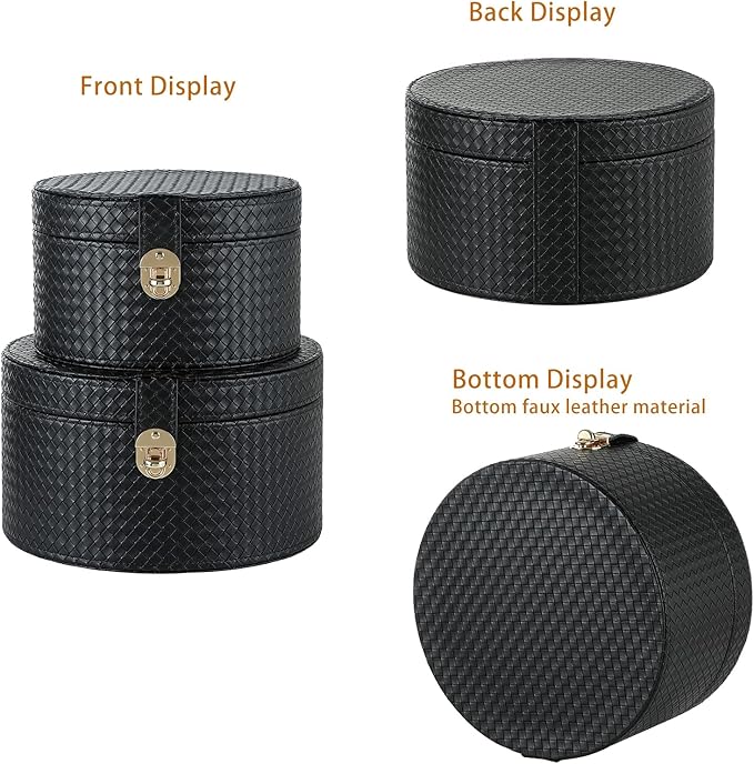 Large Leather Decorative Boxes Set of 2 Round Hat Box Bin Basket with Lid for Shelf Coffee Table Storage Remotes Modern Home Decor (black)