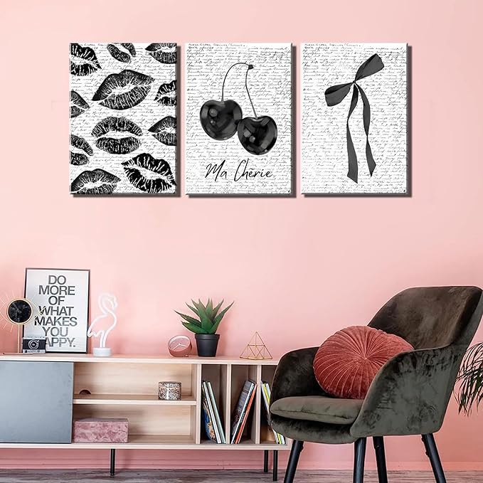 3Pcs Vintage Funky Black White Lips And Cherry Canvas Wall Art Girl Fashion Aesthetic Bow Wall Decor Ma Cherie Dark Coquette Posters Prints for Neutral Preppy Apartment Girl Room12x16in framed