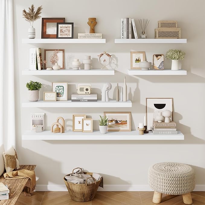 Fun Memories 10 Inch Deep Shelves, Floating Shelves for Wall 48 Inches Long, Wood Floating Shelves for Wall, Large Storage Shelves Wall Mount for Living Room Bedroom, White, Set of 1