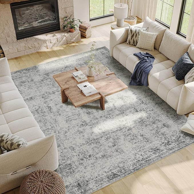 Rugxara 6x9 Area Rugs for Living Room Bedroom, Large Washable Rug, Grey Vintage Abstract Boho Rug, Non Slip & Low Pile Faux Wool Carpet for Indoor Dining Room, Farmhouse and Kids Room(Grey 6x9ft)