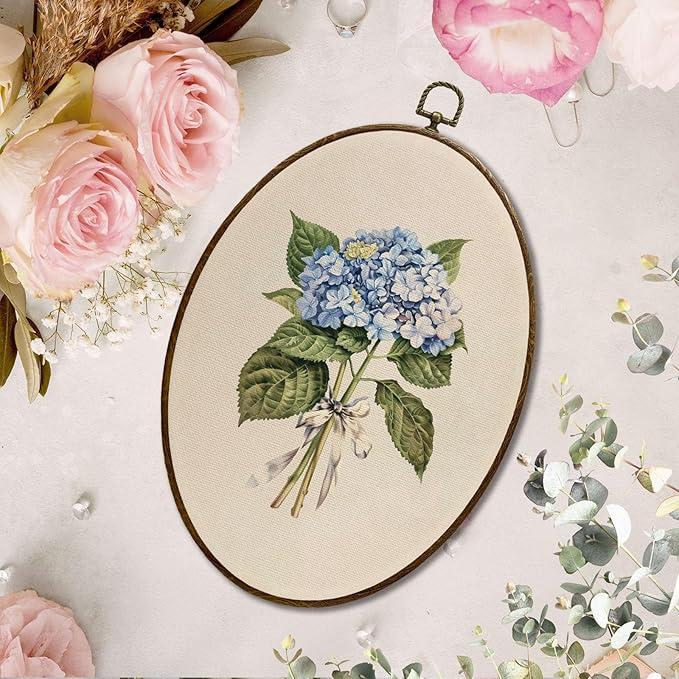 JQF Blue Hydrangea Floral Oval Wall Decor, Rustic Cottagecore Floral Oval Canvas Wall Art, Neutral Botanical Antique Flower Framed Prints Hanging Decor for Home Bedroom Living Room, 8.5x11.5 Inch