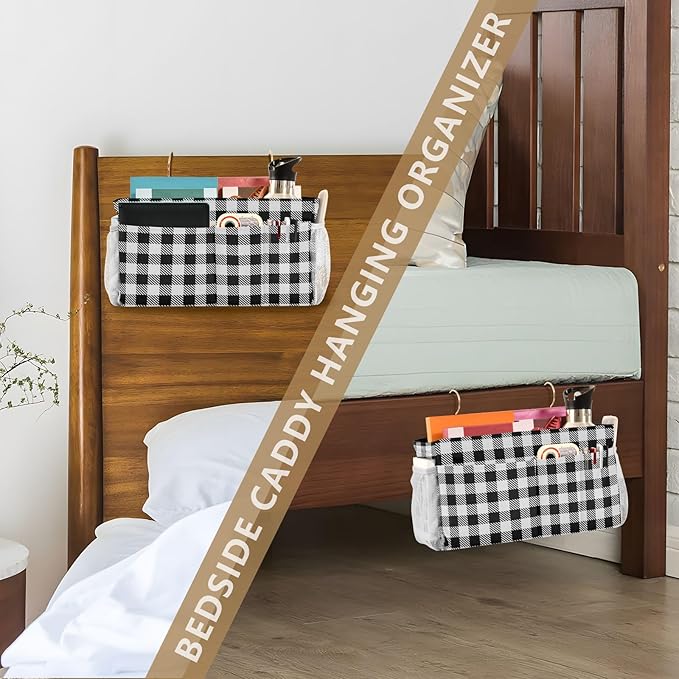 Buffalo Plaid Check Black Print Bedside Caddy Storage Bag Bedside Organizer for Bunk Bed Headboards College Organizer Caddy Hanging Shelf 6 Pockets with Hooks for Drinks Magazine Phone Holder