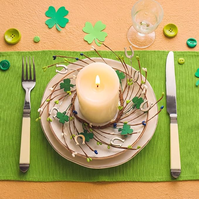 Daifunli 2 Pcs St. Patrick's Day Candle Ring Shamrocks Rings Wreaths Vintage Clover Berries Wreaths for Pillar 3.9 Inch Candles Holder for St. Patrick's Day Irish Rustic Table Centerpiece Decor