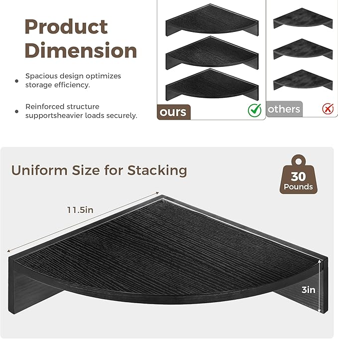 Corner Shelves 3-Pack for Bathroom & Kitchen, Space-Saving Floating Corner Wall Shelf with Easy Installation- Black