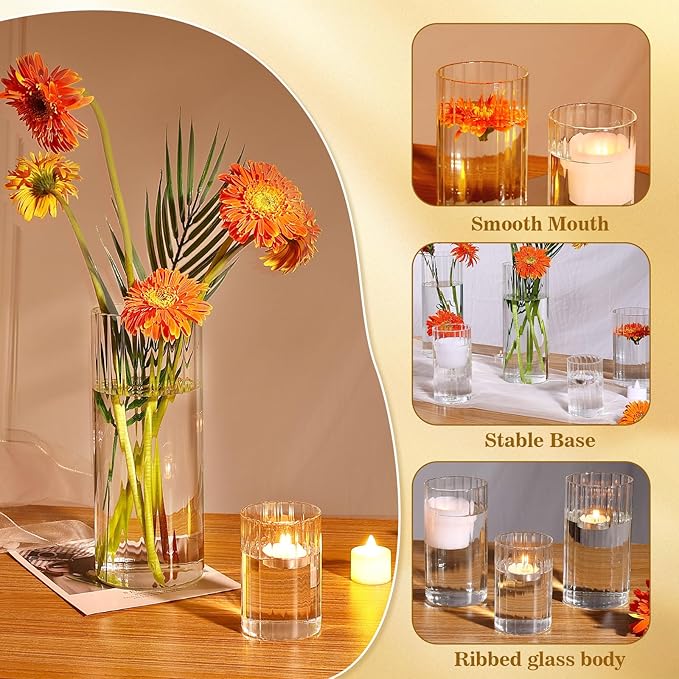 6 Pack Ribbed Glass Cylinder Vases 4,6,10 Inch Tall Clear Flower Vase Hurricane Floating Candle Holder for Table Centerpiece Wedding Home Decor