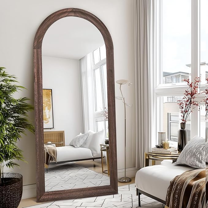 Arched Full Length Mirror 71"x32" - Rustic Brown Solid Wood Wall Mirror, Oversized Leaning or Mounted Design for Bedroom, Entryway, Living Room Décor