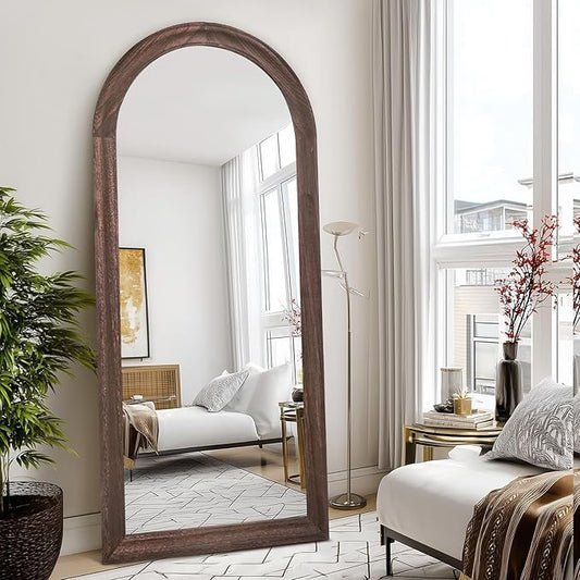 Arched Full Length Mirror 71"x32" - Rustic Brown Solid Wood Wall Mirror, Oversized Leaning or Mounted Design for Bedroom, Entryway, Living Room Décor