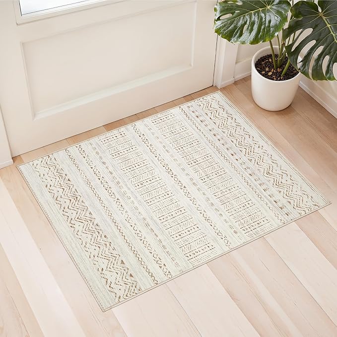 cotiled Washable 2x3 Entryway Rug: Washable Boho Rugs with Non Slip Backing Small Soft Indoor Stain Resistant Carpet for Kitchen Front Lightweight Home Decor Brown/Cream