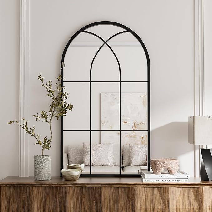 Rowjut Arched Wall Mirror 42" x 24" Window ＆ Wall Decorative Mirror, Iron Framed Window Pane Mirrors, Arched Top Wall Mirror for Entryway Living Room, Bedroom, Fireplace (Black)