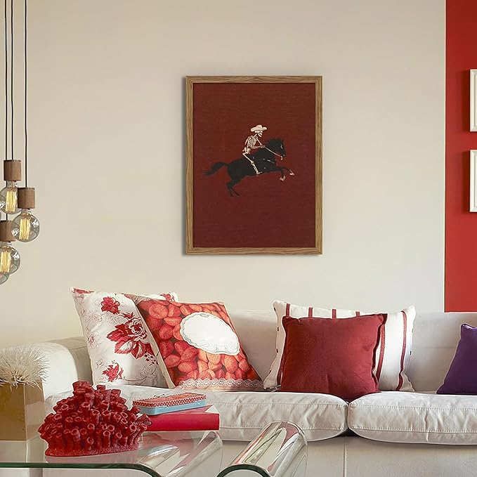 Framed Western Cowboy Wall Art, Gothic Skull Horse Riding Canvas Wall Decor Painting, Vintage Southwestern Cowboy Posters Prints Pictures for Living Room Bedroom 16x24 Inch