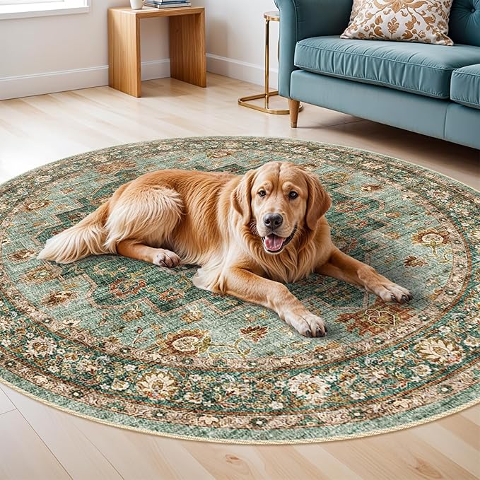 TOPRUUG Washable Oriental Area Rug - 3ft Round Rugs for Living Room Soft Carpet for Bedroom Waterproof Floral Distressed Indoor Stain Resistant Non-Shedding Floor Carpets (Green, 3ft-Round)