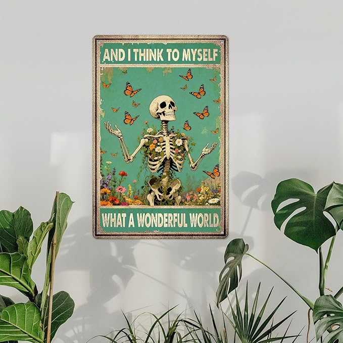 Retro Garden Metal Signs Vintage Skull Poster Wildflower Decor - And I Think To My Self What a Wonderful World Sign, Flowers Butterfly Wall Decor for Home, Garden, Bedroom, Living Room 8x12 Inch