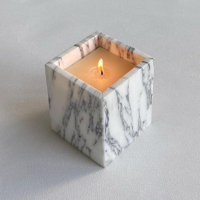 Natural Marble Stone Square Storage Container Empty Vessel Holder Cup for Candle/Pens/Sundries items (Arabescato White)