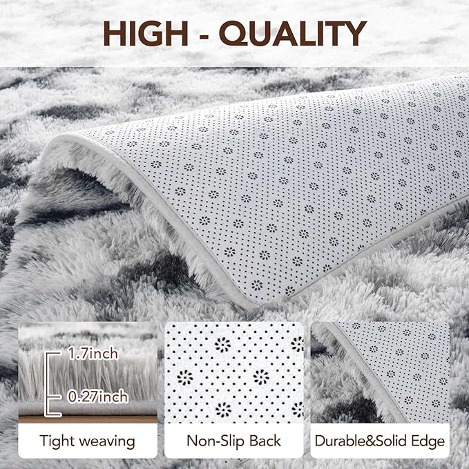 FinRèc 9x12 Rugs for Living Room Bedroom, Black and White Fluffy Shaggy Area Rug, Non-Slip Soft Shag Rug for Nursery Kids Room Dorm Room Home Decor, Indoor Plush Floor Carpet