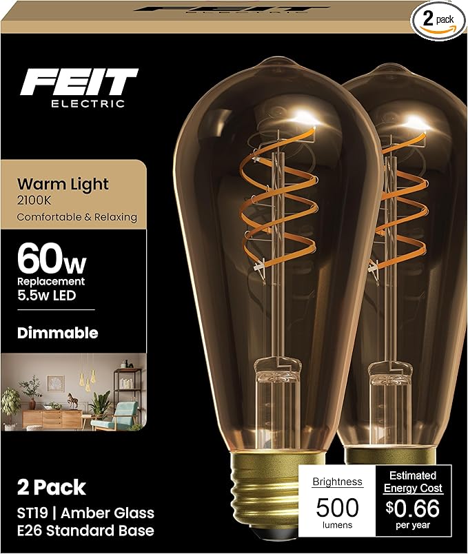 Feit Electric ST19 Vintage LED Light Bulb, 60W Equivalent, 2100K Warm Light, Spiral Filament, Amber Glass, Dimmable, Decorative Edison Bulb for Home or Commercial Use, ST1960S2D/821FILVG/2, 2 Pack