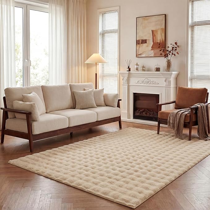 Pauwer Area Rugs for Living Room, 6x9 Fluffy Faux Fur Rug Non Slip Machine Washable Soft Shaggy Indoor Floor Carpet for Bedroom Dorms Playroom, Beige