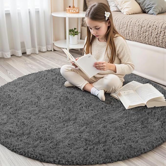 Dark Gray Round Fluffy Rug 5ft Plush Fuzzy Shaggy Carpet,Soft Rugs for Living Room for Nursery,Preppy Dorm,Classroom,Playroom,Teen,Baby Home Decor (Dark Gray 5"x5")