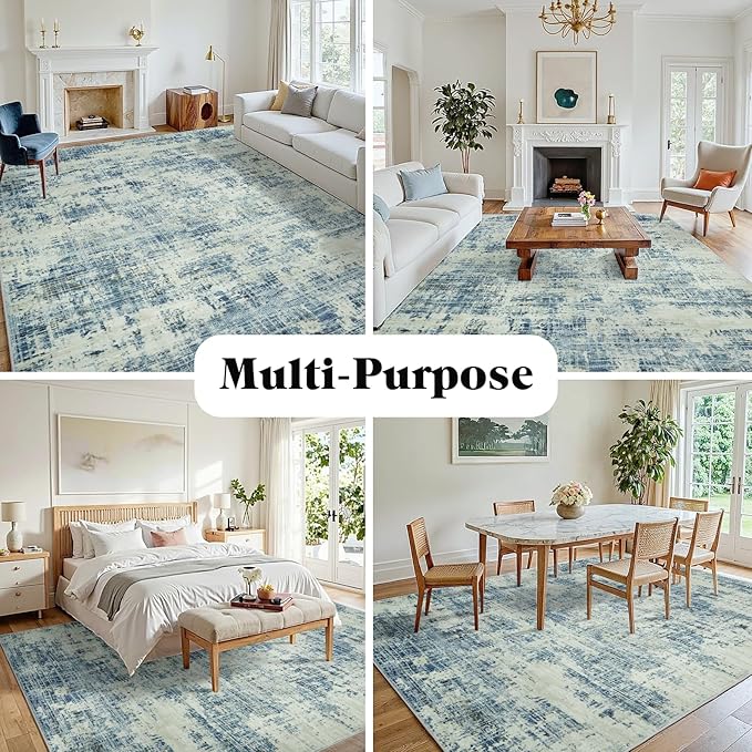 8x10 Area Rugs for Living Room Washable Rug: Anti-Skid Abstract Modern Living Room Rug Soft Thin Carpets Indoor Floor Non-Shedding Carpet for Bedroom Dining Farmhouse Nursery Blue Gray Gold
